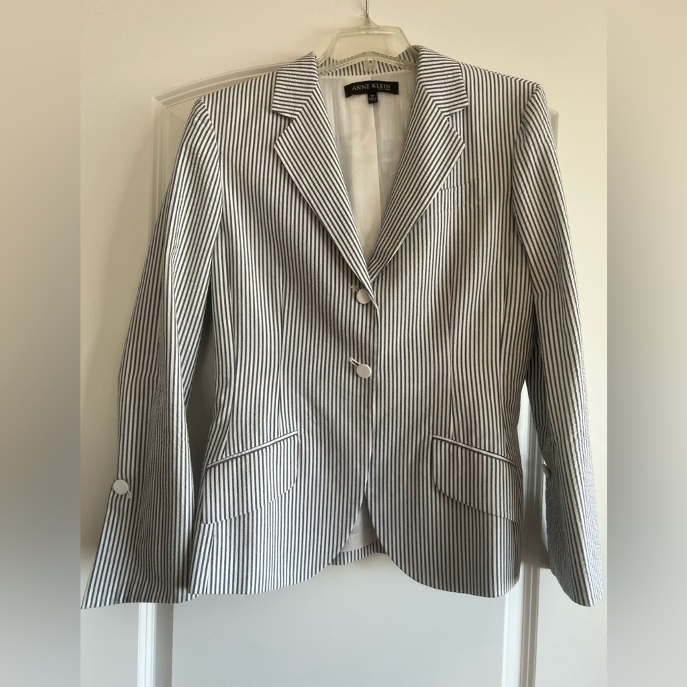 Grey and White seersucker  Striped Women's Blazer and slacks